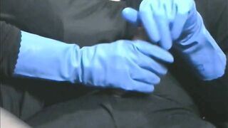 Smokin' Wife in Blue Rubber Gloves Causes a Large Spunk Fountain