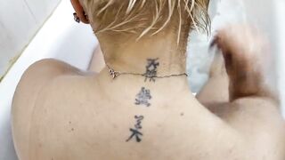 Breasty Aged Floozy Takes a Shower, Masturbates and Sucks Penis in the Washroom, Jizz on Melons & Face!