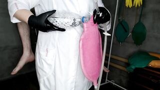 Chunky gorgeous nurse gives a 1.5 liter enema bag to the patient