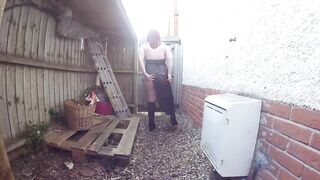 Wife in hawt ebony underware and boots outdoors