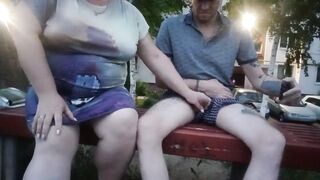 jerking off my penis in the yard on a bench