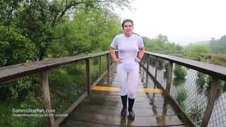 Soaking moist in white leggings