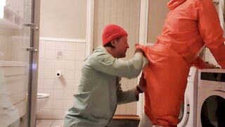 Booty anal drilling and fingering mother I'd like to fuck in rainwear and rubber boots