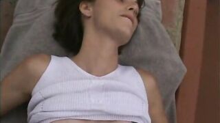 Brunette Hair schoolgirl opens her hairless twat for golden-haired mother I'd like to fuck