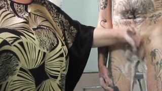 washes weenie and jerks it off in the washroom