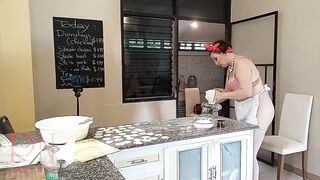 Nudist housekeeper Regina Noir cooking at the kitchen. Bare maid makes dumplings. Bare cooks Brassiere