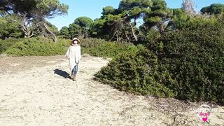 nippleringlover walking topless on public beach - flashing tiny titties biggest pierced nipps chain