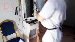 Camera in in nature's garb barbershop. Hairdresser makes disrobe lady ho cut her hair. Barber, nudism. WEBCAM 1