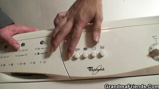 Very old blond granny pleases 2 workers