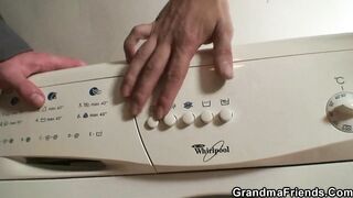 Very old golden-haired granny pleases 2 workers