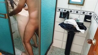 My Stepmother in the Shower: I spy on my youthful stepmother during the time that this babe is taking a bathroom and when I begin to masturbate this babe discovers me, I'm sorry daddy but I had to screw her
