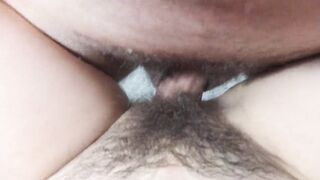 Home sex. Spouse cummed on shaggy twat fast and close up