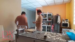 Nudist housekeeper Regina Noir cooking at the kitchen. Exposed maid makes dumplings. Undressed cooks. Spy