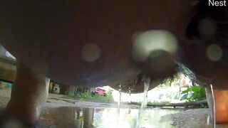 Chunky cutie peeing on security camera outside soaked bushy cunt pissing on feet