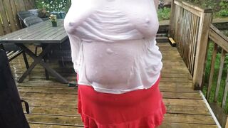 Tarablee Hotz- cooling off in the rain on a sexy day. My moist t-shirt barely conceals my large bazookas.