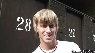 Golden-Haired granny ride stranger's weenie on public