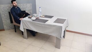 Waitress with creamy vagina gets an inward jizz flow underneath the restaurant table