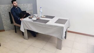 Waitress gets interior spunk flow in her creamy twat beneath the table