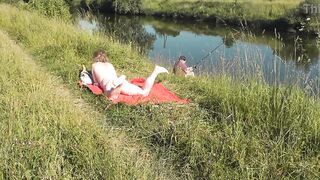 mother I'd like to fuck hot Frina on river bank bare and sunbathes exposed. Random dude fisherman watching for her, and in the end decided to join undressed woman. Wild beach. Nudist beach. Public nudity. Public exposure. Nude in public