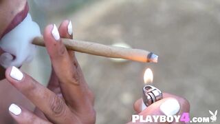 Black with large booty Misty Stone posing completely bare after sexy striptease