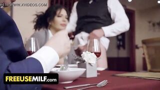 Breasty woman is getting drilled in the restaurant whilst her business partner is eating his lunch