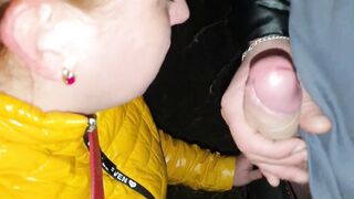 mother I'd like to fuck In Puffy Jacket Sucks Youthful Stranger's Dong in Public Park