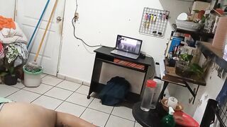 my wife cleaning the room in suit and belt