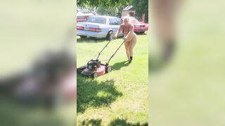 Got back to discover wife mowing in a belt bikini, her butt and haunches jiggling with each step