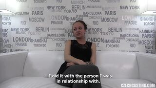 Czech brunette hair, Petra is kneeling on the floor and eagerly sucking a goth hard wang