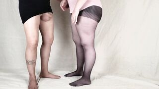 Curvy big beautiful woman in Hose gives Tugjob to Dong in Nylon. Will u Cum play with us?