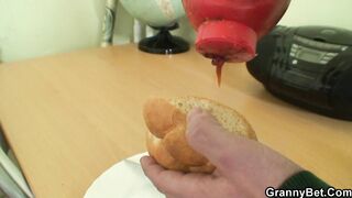 Breasty 70 years old granny rides strangers penis