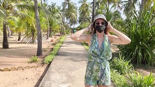 Wife walking and flashing large breasts in public