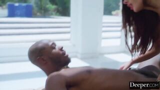 Shaved, ebony stud is screwing a smokin' hawt woman, Vanna Bardot in the centre of the day