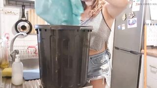 Mom in kitchen clean Large bazookas melons