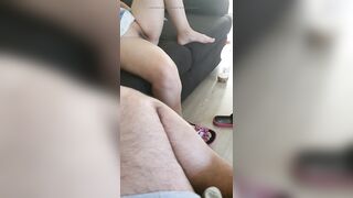 Step mama out of pants im recent sofa showing her bald cunt to her step son