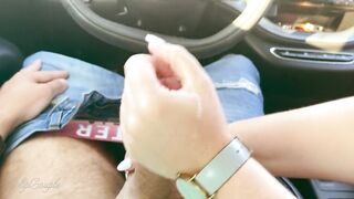 Mother I'd Like To Fuck gives tugjob in a car on a incredibly frequented parking lot - risky in public