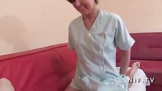 Aged cleaning lady is sucking her youthful boss's shlong and getting banged from behind until this babe cums