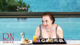 Regina Noir. Melons teasing at swimming pool. Nudist hotel. Nudism outdoors.