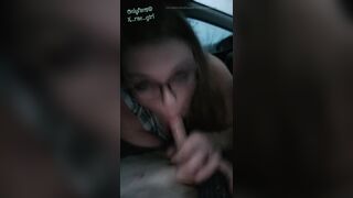 Hot blond big beautiful woman in glasses sucking schlong in the car deepthroat ejaculation on face