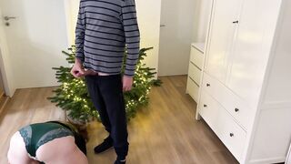 Mother-in-law bent over the Christmas tree doggy style and got sexy cum on her butt