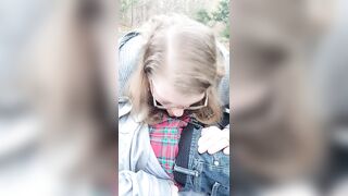 Big Beautiful Woman blond in glasses oral-job during picnic on nature trail outdoor in public