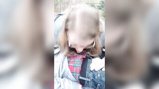 Fat blond in glasses gives slender man public deepthroat oral-sex schlong sucking in public outdoor on nature trail