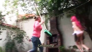 FUCK.com - Older Latin Chick Tutors Blond Teen on Twat Stretching with Toys Outdoors