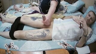 mother-in-law jerks off my cock and watches the semen flow from the dick