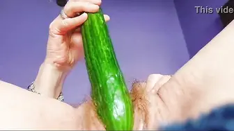 Granny screws hirsute vagina with cucumber
