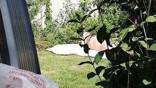 I spy on my stepmother, that babe's sunbathing stripped in the yard