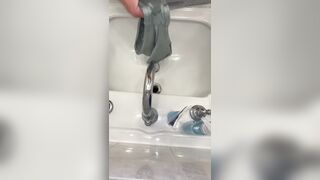 Wife cleaned creampie with her pants and gave moist pants to me to masturbate!