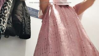 Latin hirsute twat tries on raiment in daybed. Curly brunette hair snatch, large breasts, carnal unshaved woman