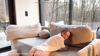 Sexy Redhead mother I'd like to fuck in your white shirt lies on the daybed and fondles her large snatch lips