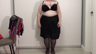 Older teacher chooses a brassiere for work. Large pretty bazookas jump and pop out of bras. Saggy titties.